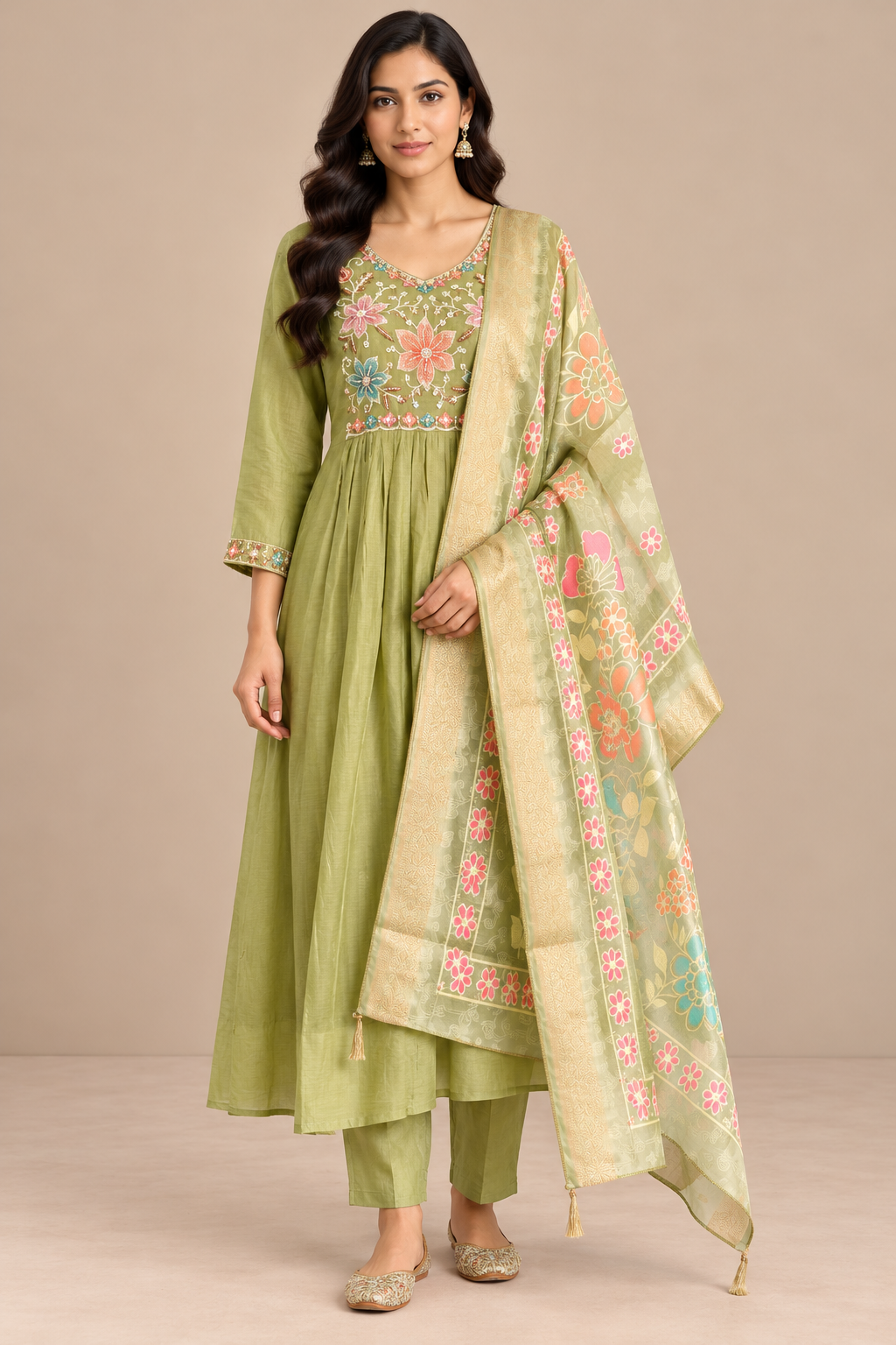 Light Green Mul Chanderi suit front pose